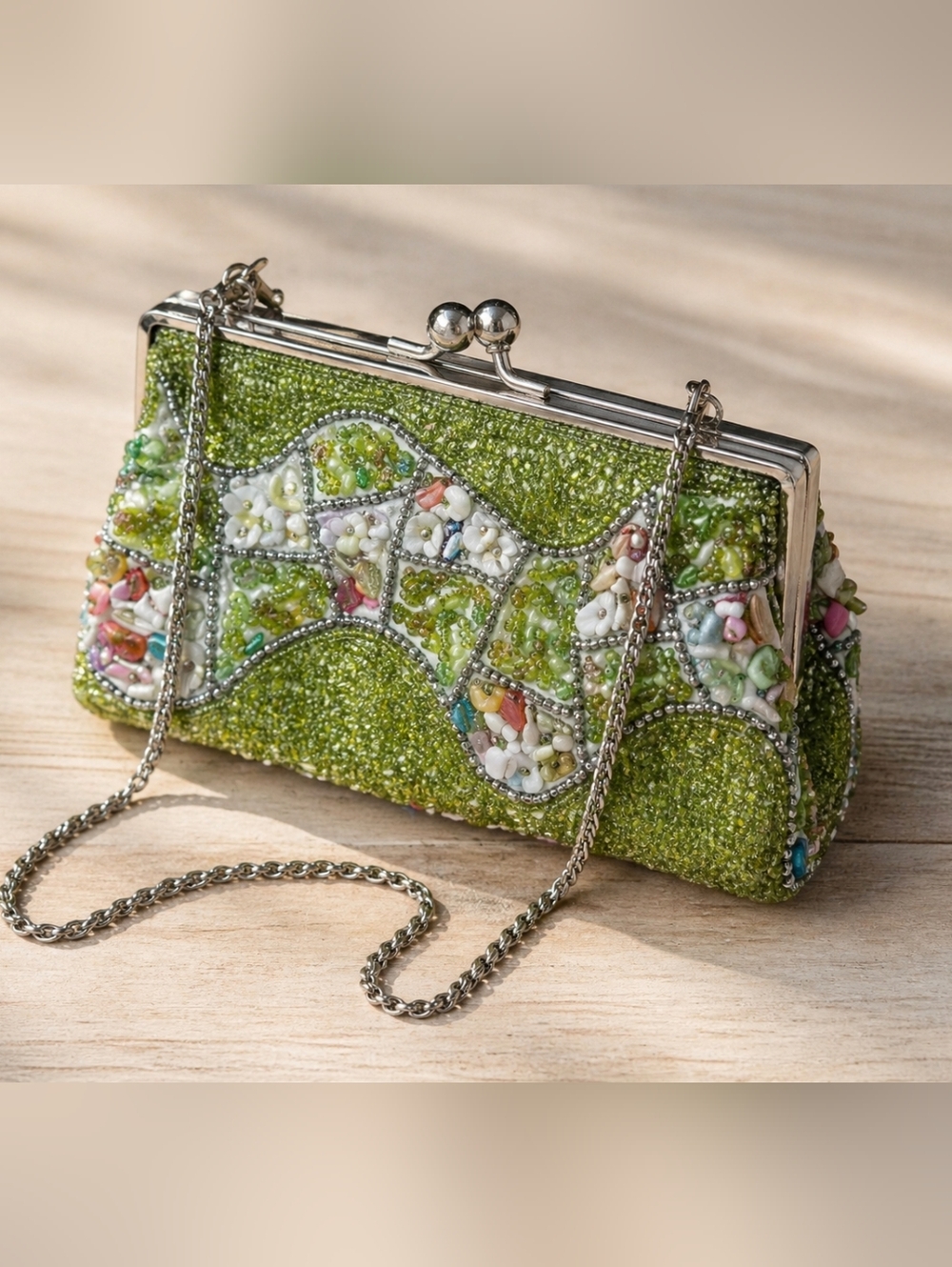 Vintage Beaded Kiss Lock Clutch Bag Green Cottagecore Garden Party Crossbody - Picture 4 of 11
